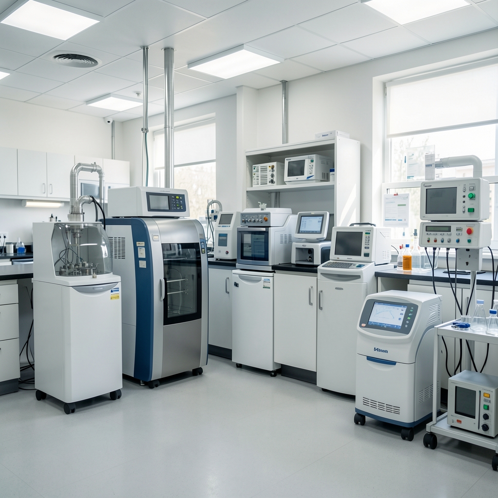 Teknik test laboratuvarında yerleştirilmiş modern temizlik cihazları ve ölçüm ekipmanları