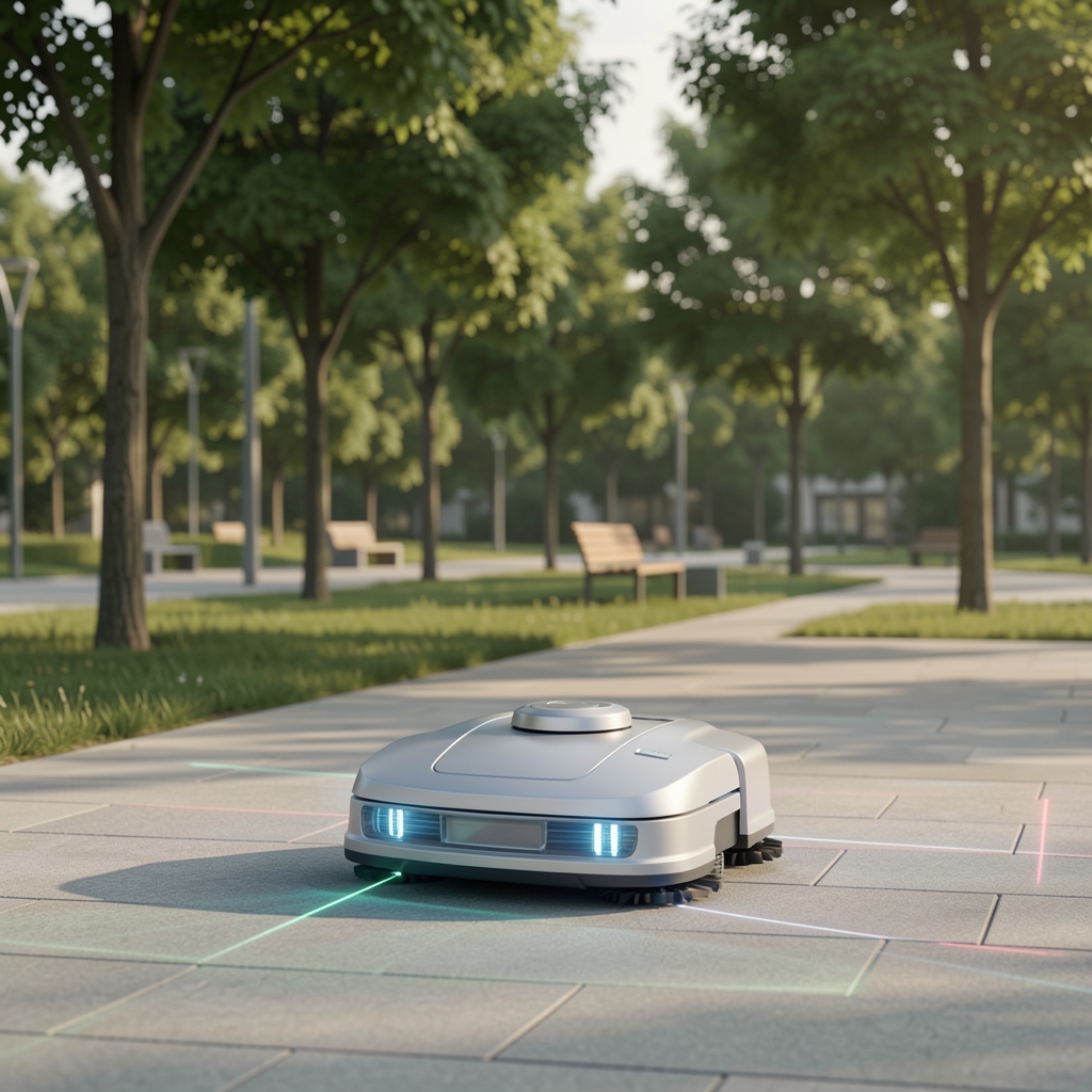 Modern evin zemininde çalışan robot süpürge, kahverengi parke zemin üzerinde